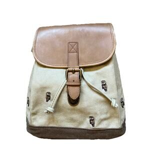LL Bean Purse Boat & Tote Mini Backpack Tan Canvas Brown Leather Owls Vintage